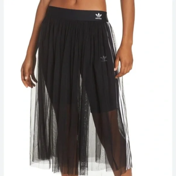 Adidas Black Tulled Midi Skirt with White 3 Stripe - Picture 2 of 9